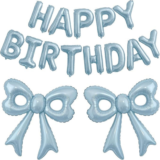 Blue Happy Birthday Balloons, 31”Huge Light Blue Bow Aluminum Foil