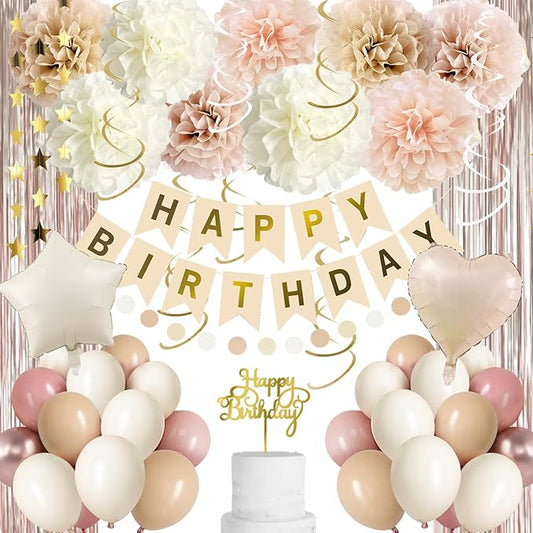 Beige Boho Birthday Decorations for Girls Women Happy Birthday