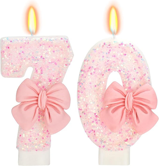 70th Birthday Candles for Cake, Pink Bow Number Cake Candles, 2.76
