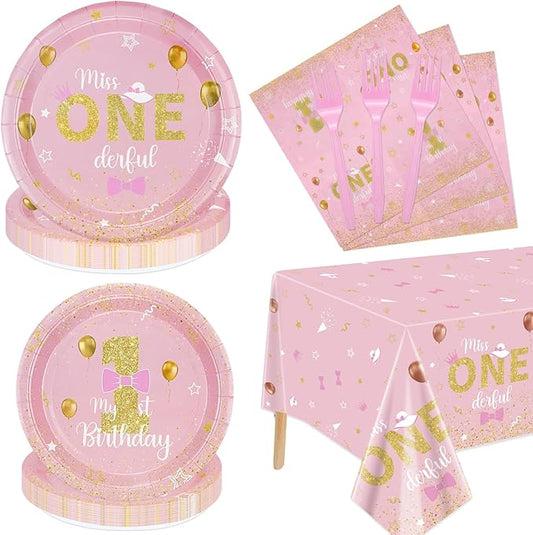 Miss Onederful Birthday Decorations Pink Gold Party Plates Napkins