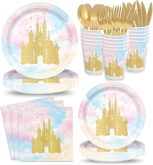 168pcs Princess Party Decorations Castle Paper Plates Napkins