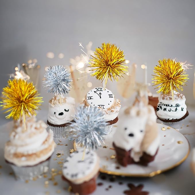 30Pcs Foil Firework Cupcake Toppers Sparkle Tinsel Cake