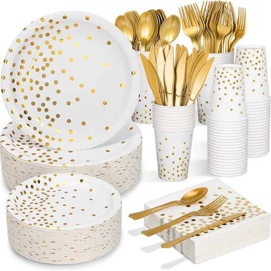White and Gold Party Supplies, 350PCS Disposable Dinnerware Set