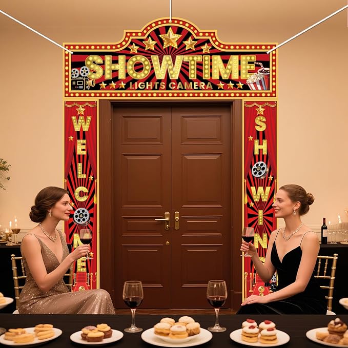 3 Pcs Movie Night Decorations Porch Sign Banner Showtime Movie Theme