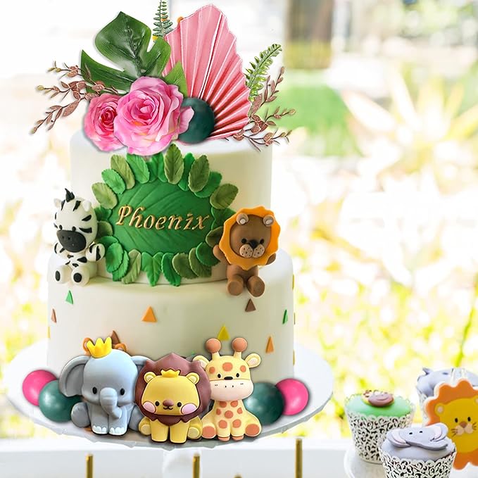 22pcs Safari Jungle Animal Cake Toppers Flower Balls Cake Decoration