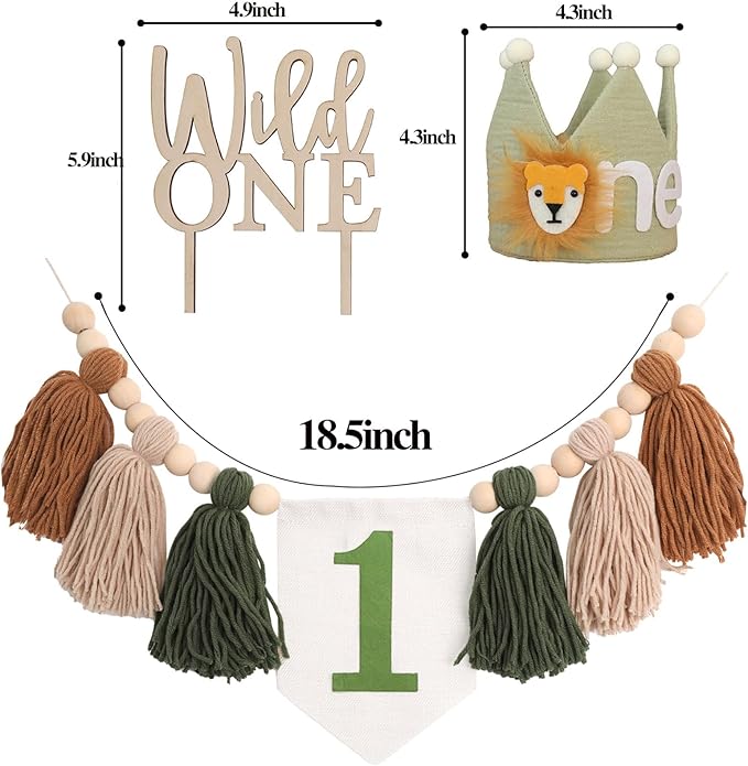 Wild One 1st Highchair Banner Wood Bead Tassel Garland Lion Crown