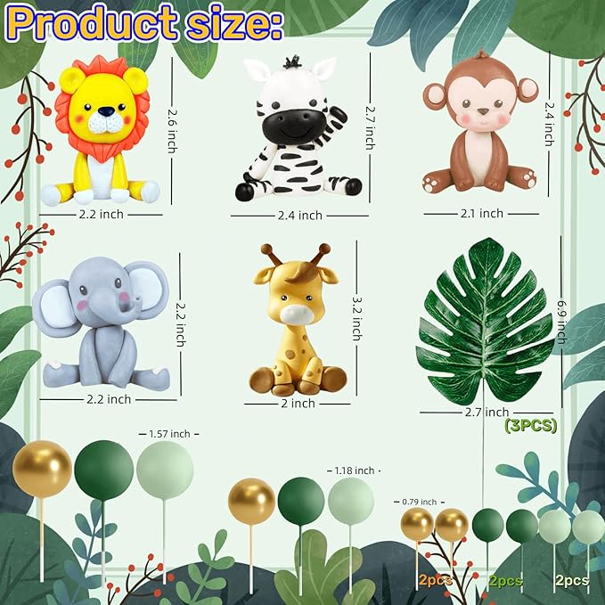 20 PCS Jungle Safari Animal Cake Topper with Lion Giraffe Monkey