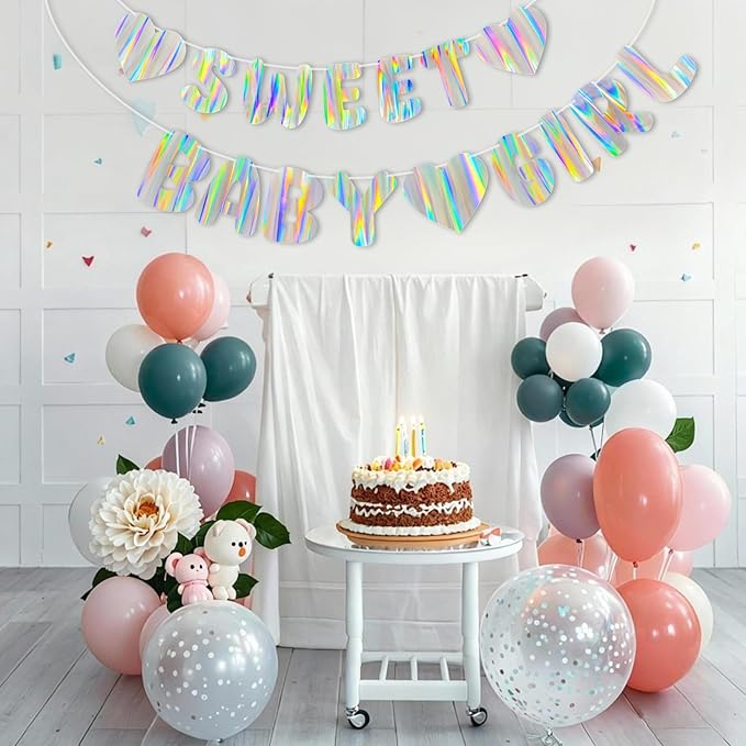 Iridescent Baby Shower Banner for Girl, Pre-Strung Sweet Baby Girl