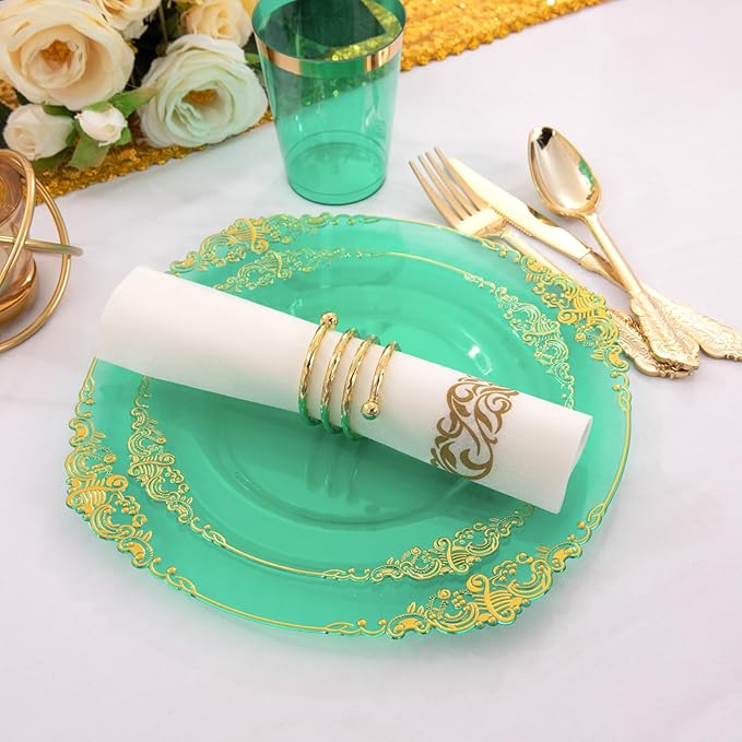Hioasis 350pcs Green and Gold Plastic Plates - Green Party Plates for