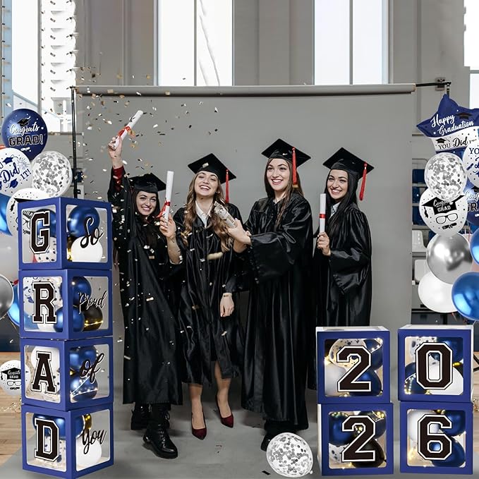 Navy Blue Graduation Decorations Class of 2026 - Balloons Boxes with