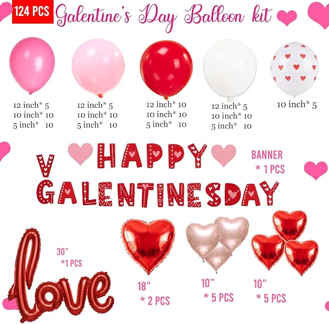Valentines Day balloon garland arch kit with Banner red Hot pink and