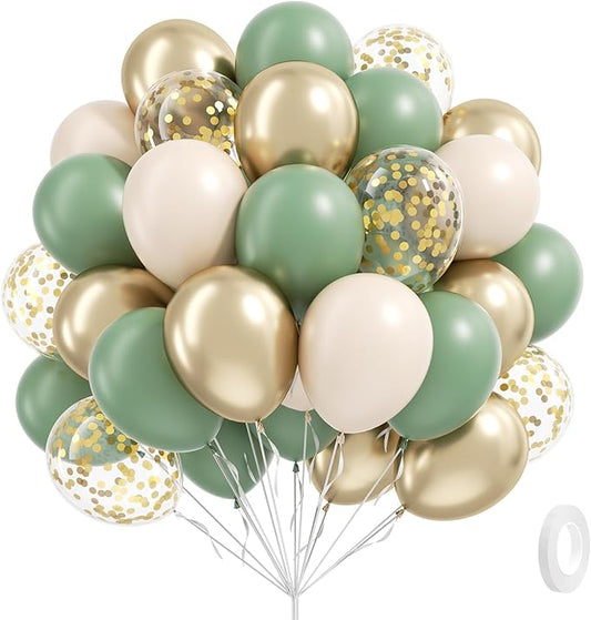 Sage green Balloons, 60pcs 12inch Sage green Sand White Metallic Gold