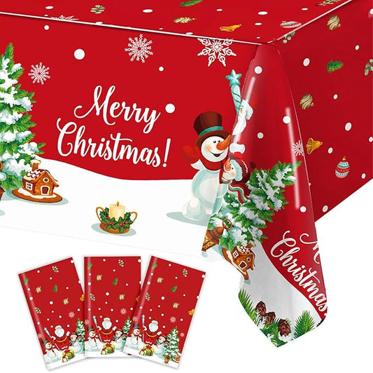 3PCS Christmas Tablecloth Red Rectangular Plastic Christmas