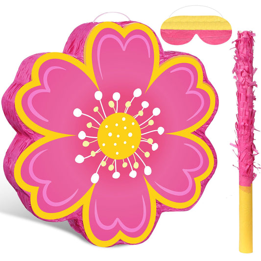 Aoriher Daisy Flower Piñata Set with Blindfold and Bat Pink Flower