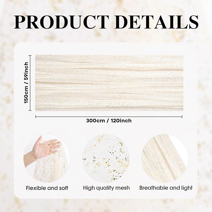 Artoid Mode Beige Gold Gauze Table Runner 59x120 Inch 10FT, Glitter