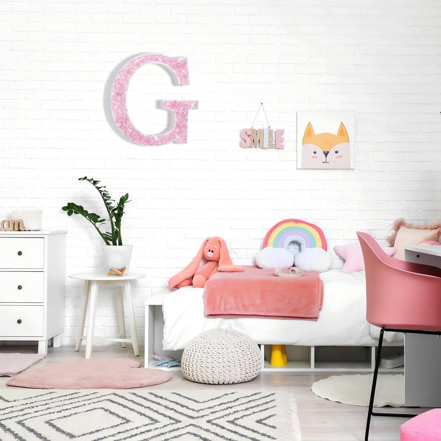 Qunclay Pink Crystal Diamond Letter Wall Decor, Glitter Wooden Bling
