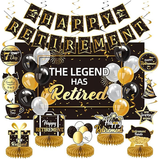 Happy Retirement Party Decorations Men Women, Black and Gold
