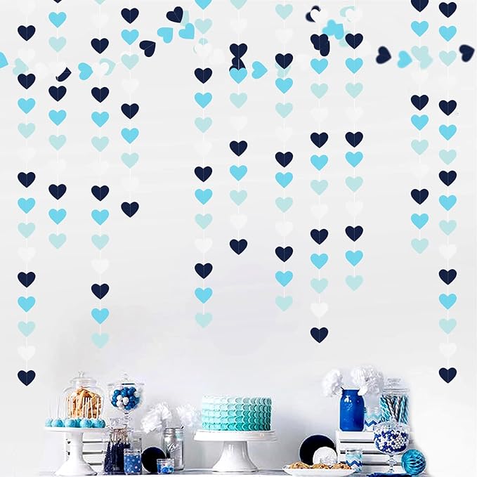 Light-Navy Blue White Party-Decorations Heart-Garland - 52ft Bridal