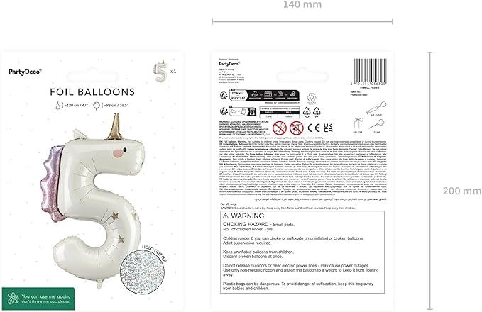 Unicorn Number 5 Balloon PartyDeco 36.5 Inch Holographic Foil