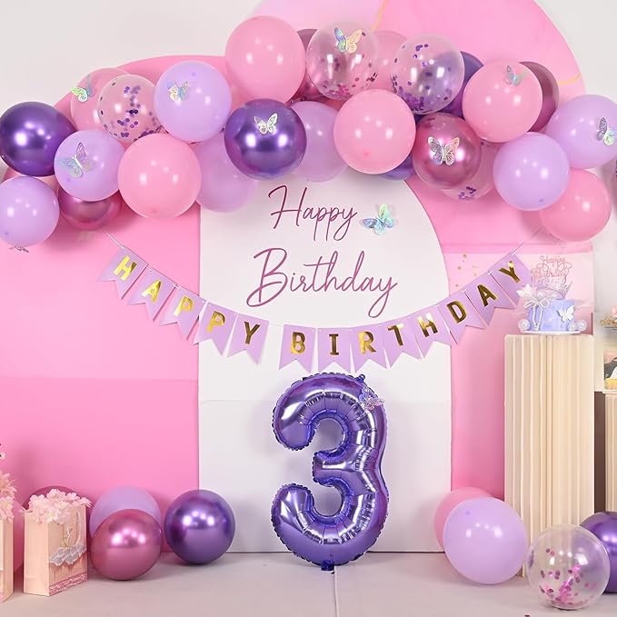 3rd Birthday Decoration for Girls,Pink Purple 3rd Birthday Balloon