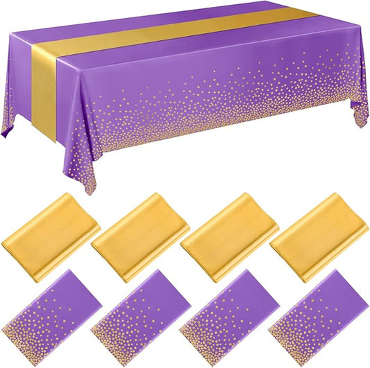 Breling 8 Pack Purple and Gold Disposable Plastic Tablecloths and