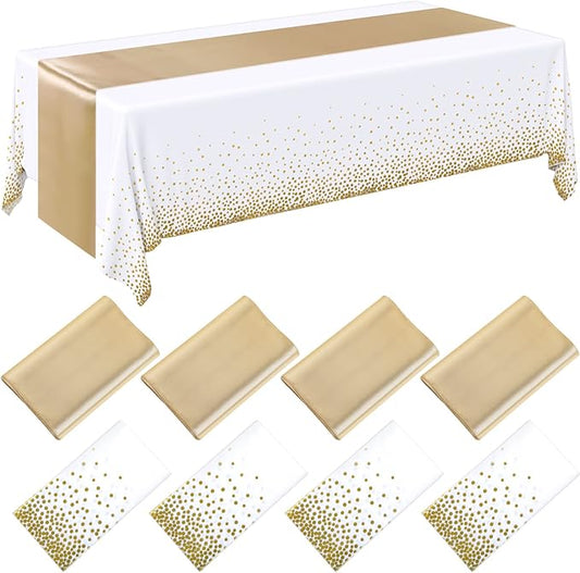 Breling 8 Pack White and Gold Disposable Plastic Tablecloths and