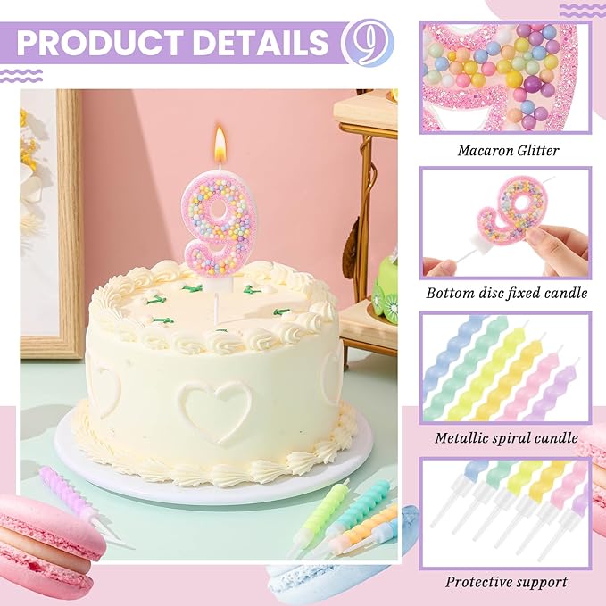 Number 9 Birthday Candle with 12 Pcs Spiral Candles for Girls