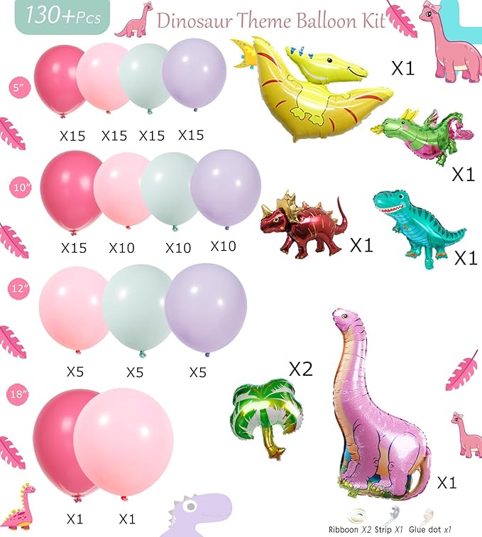 Pink Dino Balloon garland arch kit with Pastel Pink Purple Teal