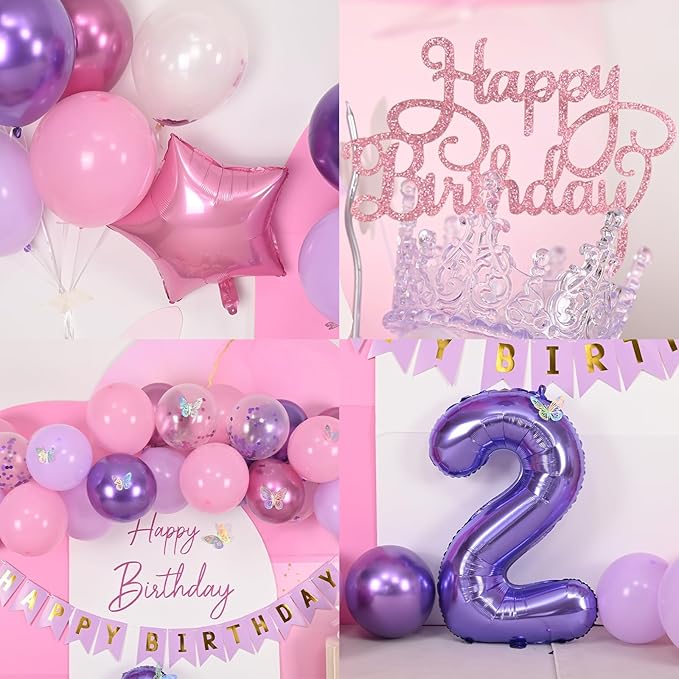 2nd Birthday Decoration for Girls,Pink Purple 2nd Balloon Number 2
