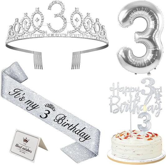 3rd Birthday Decorations for Girls Silver with 3rd Birthday Sash