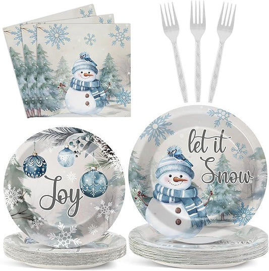 96pcs Christmas Party Plates and Napkins Blue and Gray Winter