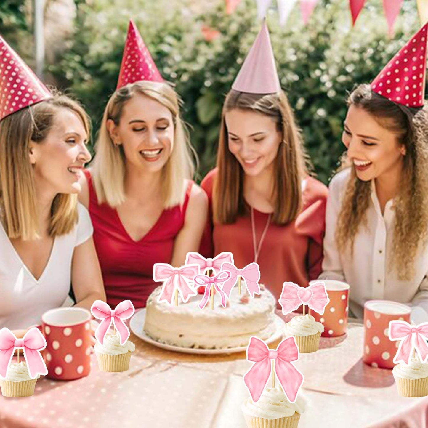 48PCS Coquette Bow Cupcake Toppers, Pink Bow Coquette Birthday Cake