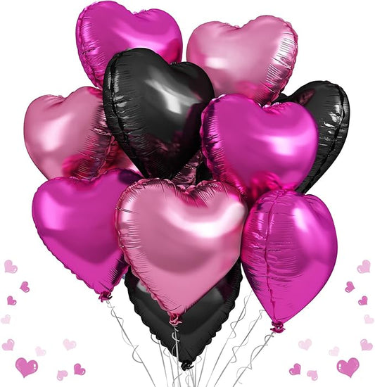 Pink Black Heart Foil Balloons, 12Pcs 18 Inch Hot Pink and Black
