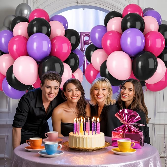 Black and Pink Purple Balloons, 60pcs 12Inch Black and Hot Pink