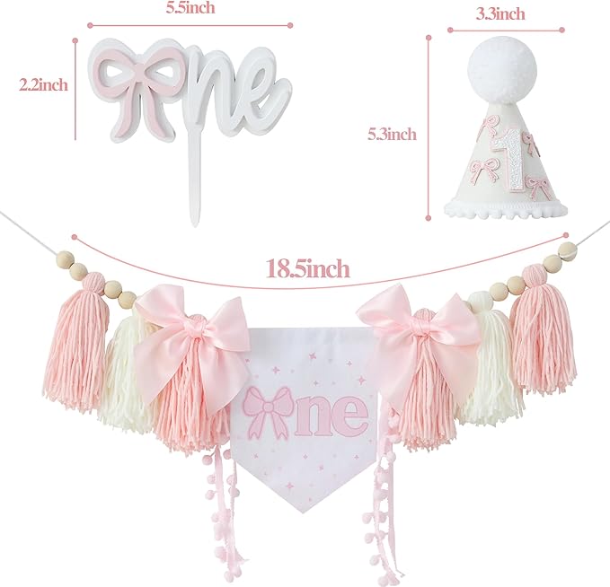 Pink Bow 1st Birthday Highchair Banner Decorations Wood Bead Tassel