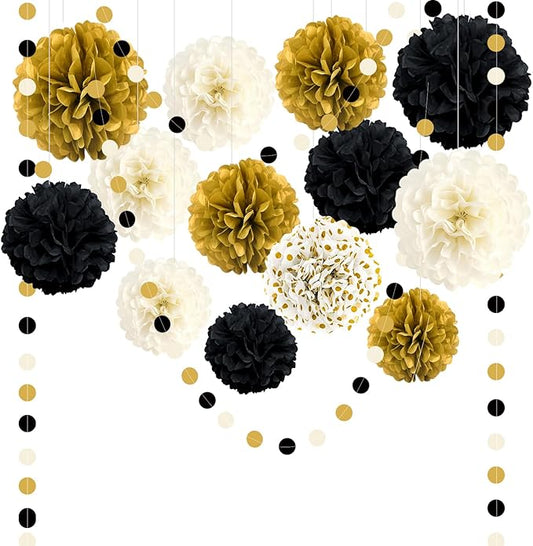 Black and Gold Party Decorations 16 PCS Tissue Paper Pom Poms Dots