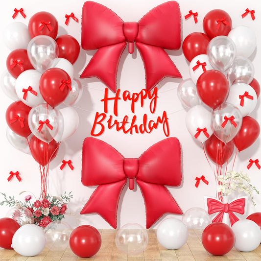 Red Bow Birthday Decorations, Red Happy Birthday Banner with Satin