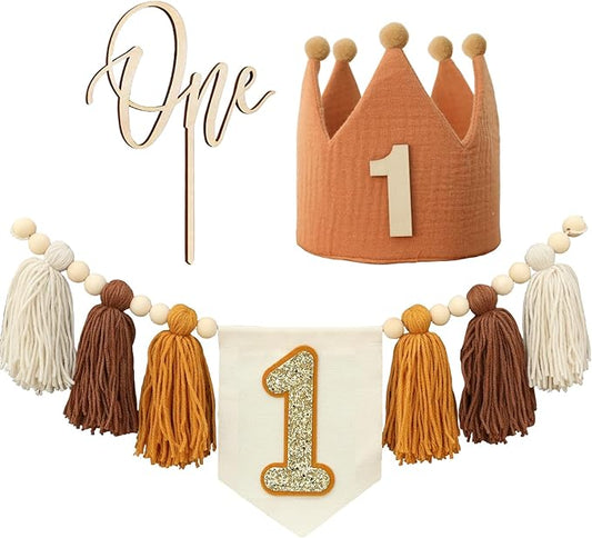 Baby Boy First Birthday Party Decorations Brown High Chair Banner
