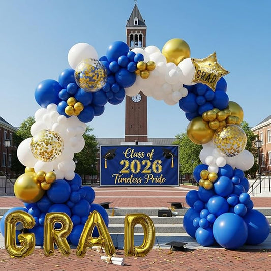 Graduation Balloon Arch Kit 128Pcs Blue White and Gold Balloon