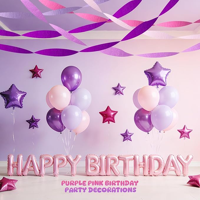 5 Rolls Purple Pink Crepe Paper Streamers, Lavender Hot Pink Party