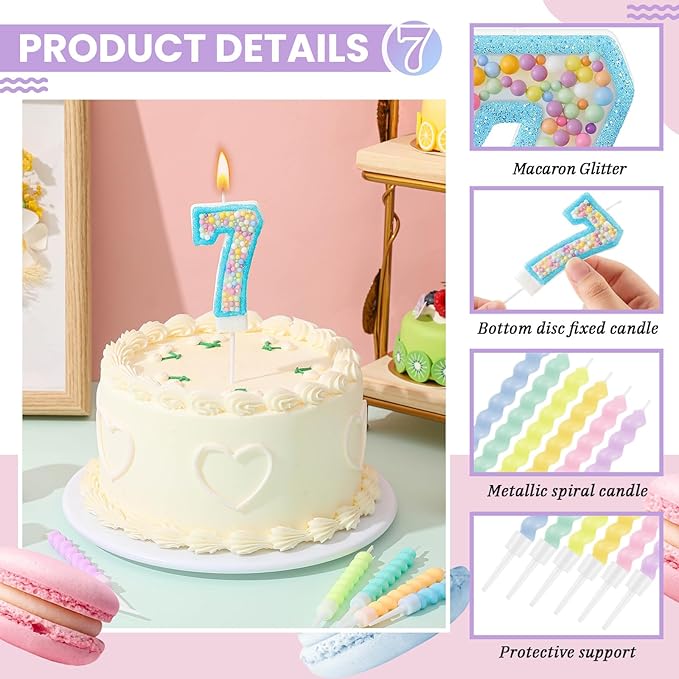 Number 7 Birthday Candle Macaron Glitter 3D Number Candle