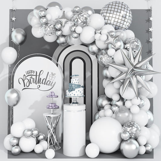 White and Silver Balloon Arch Garland Kit,White Silver Star Confetti