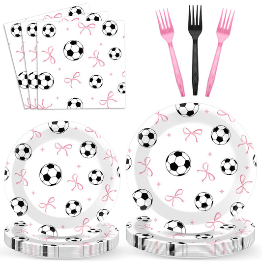 96PCS Soccer and Bow Party Paper Plates and Napkins for Sports Themed