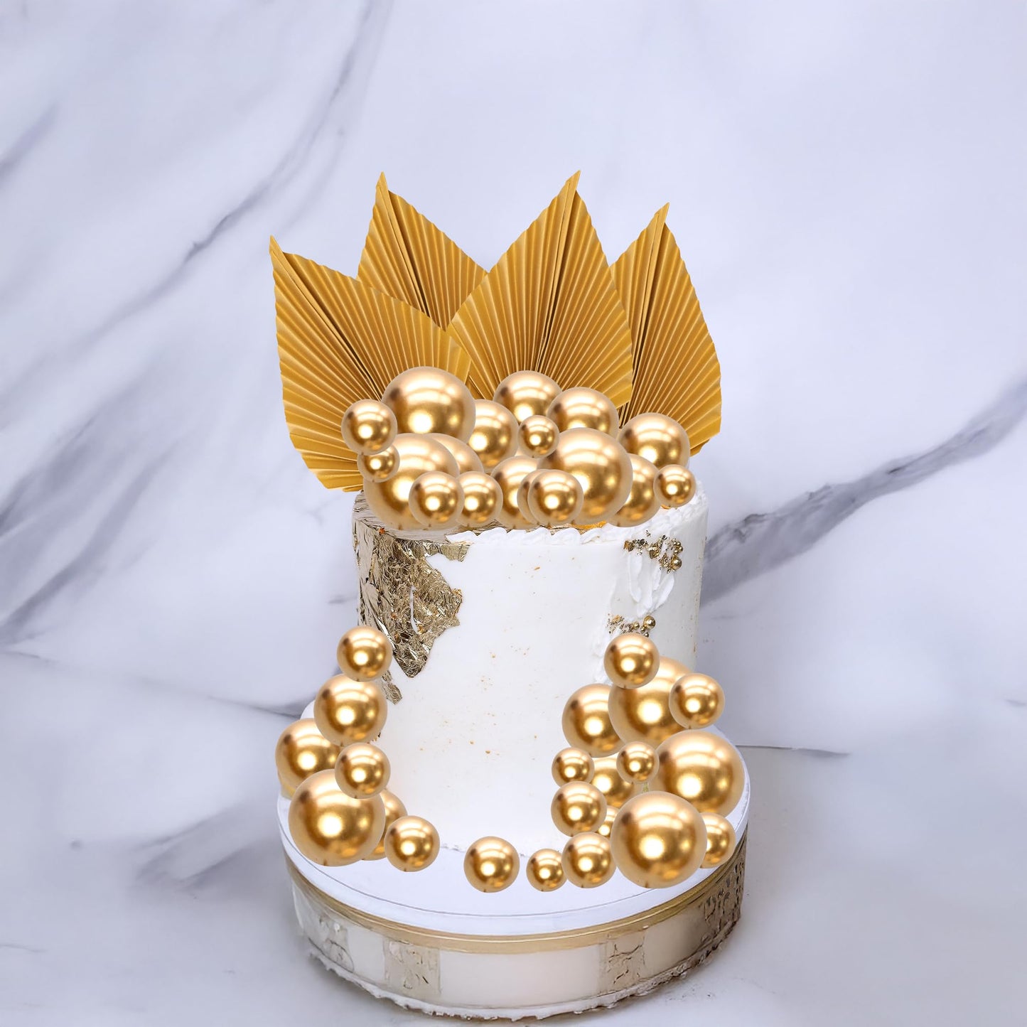 Ephlyn 28Pcs Paper Palm Fan Cake Topper Balls Cake Pick for Baby Gold