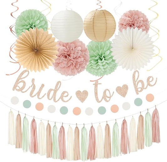 Sage Green Pink Beige Bridal Shower Party Decorations 36pcs Bride to