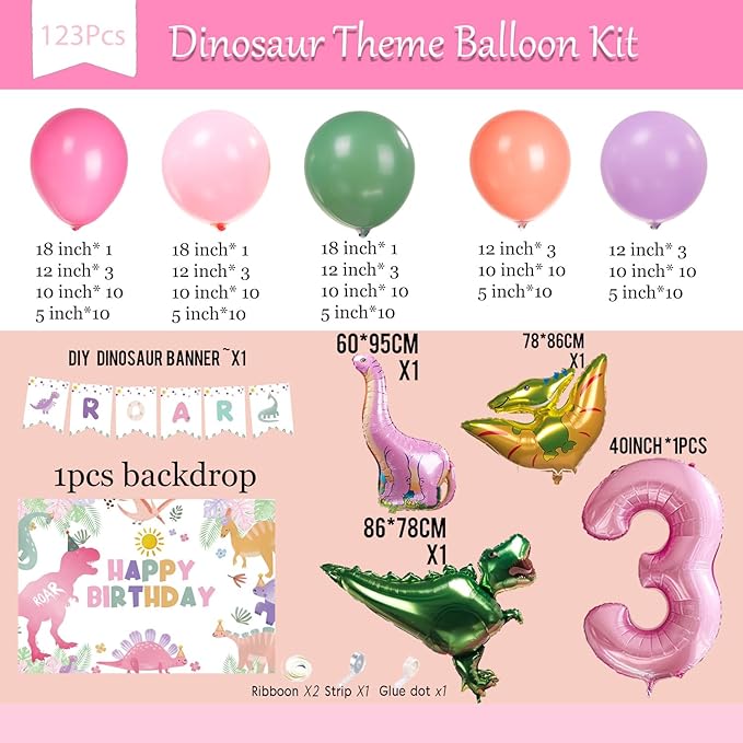 Dinosaur Balloon Garland Arch Kit Pastel Pink green and purple with #2