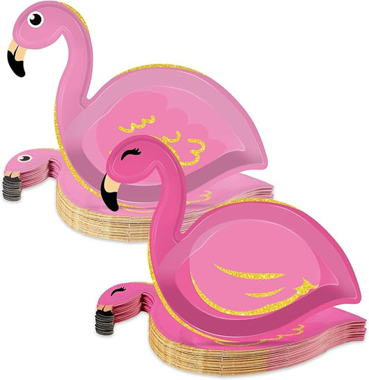50 Count Hawaiian Luau Party Paper Plates Flamingo Shaped Disposable