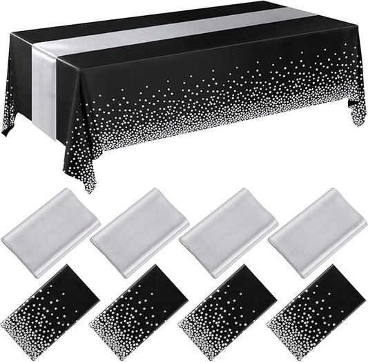 Breling 8 Pack Black and Silver Disposable Plastic Tablecloths and