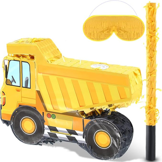 Construction Dump Truck Piñata with Blindfold and Bat Party Decor