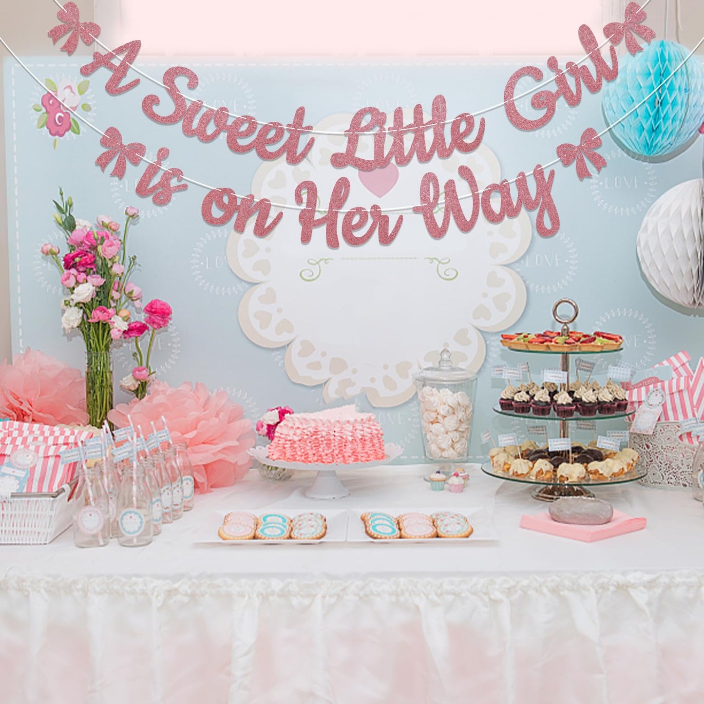 A Sweet Little Girl is on Her Way Banner - Pink Bow Baby Shower